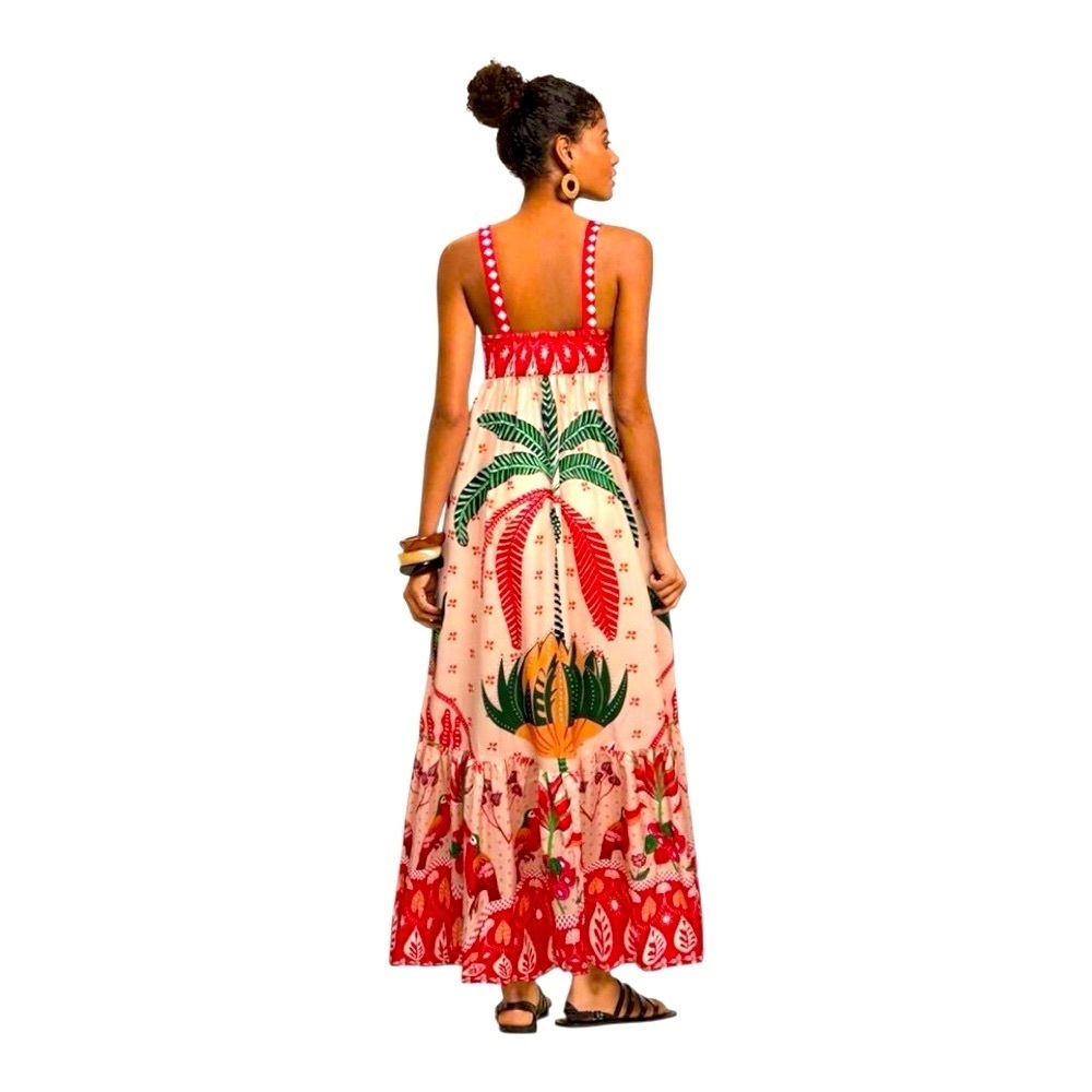 Tropical Plants Print Ruffle Hem Maxi Cami Dress,Sun Dress - Picture 5 of 5